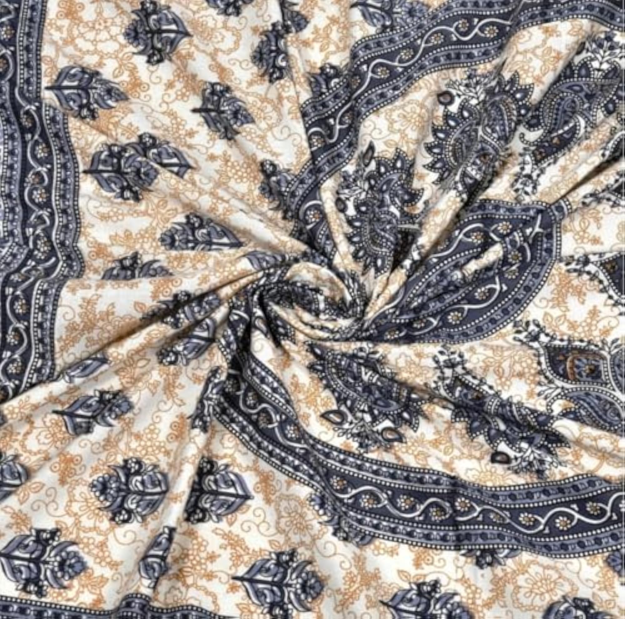 Cotton Bedsheet with 2 Pillow Covers, Blue and Beige Paisley Print